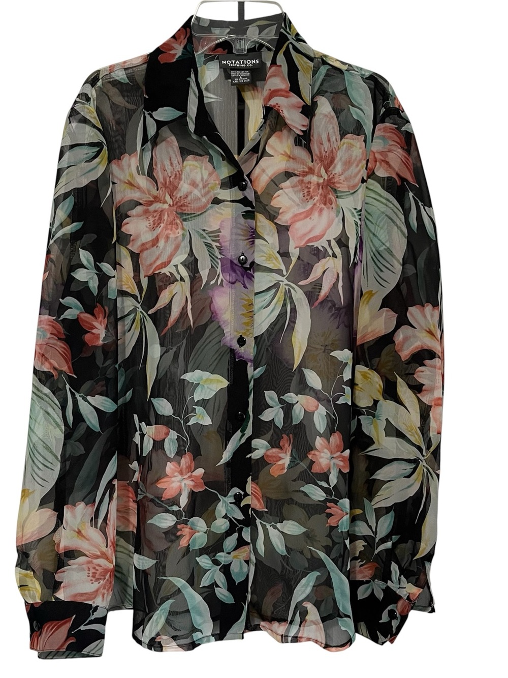 Notations size large women’s sheer black and floral button down